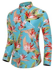Men's light blue tropical print long sleeve button-up shirt, cotton blend.