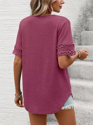 Burgundy maternity t-shirt with lace trim on sleeves and V-neck