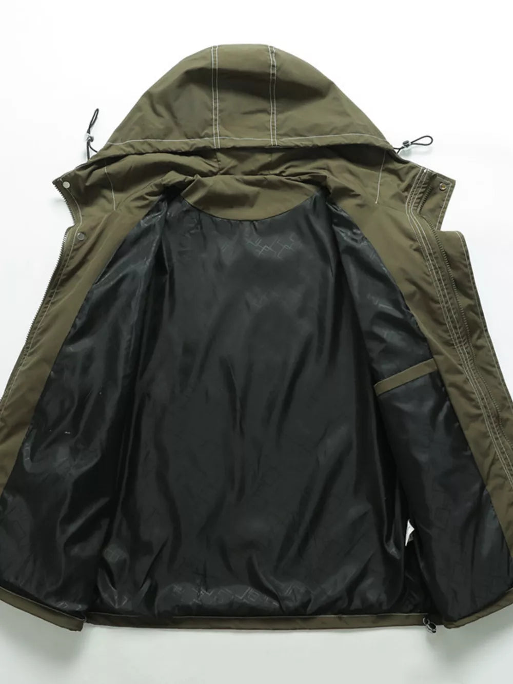 Green hooded jacket, open view showing black patterned lining and interior pocket.