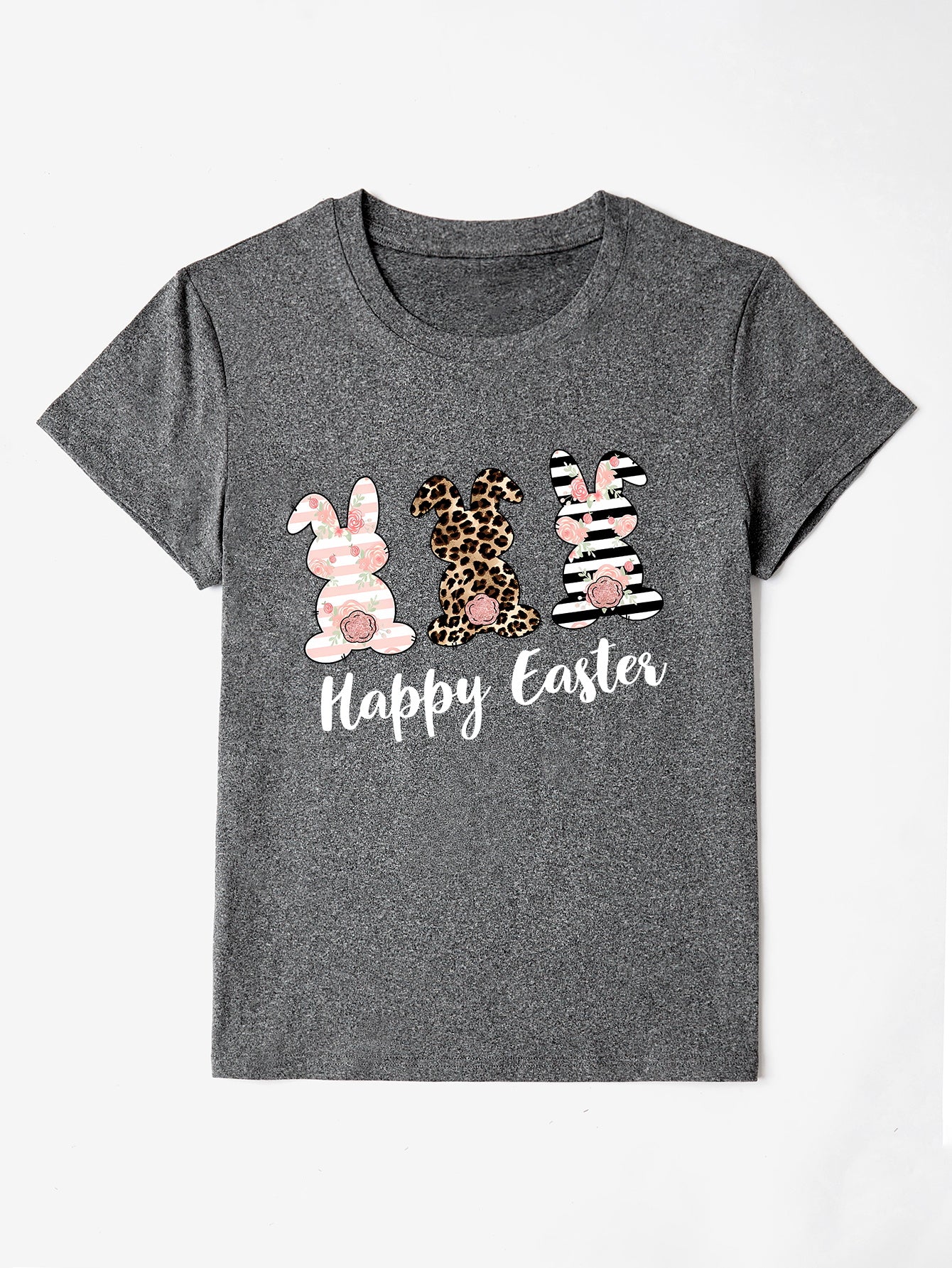 Gray t-shirt with three graphic bunnies and Happy Easter text