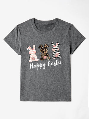 Gray t-shirt with three graphic bunnies and Happy Easter text