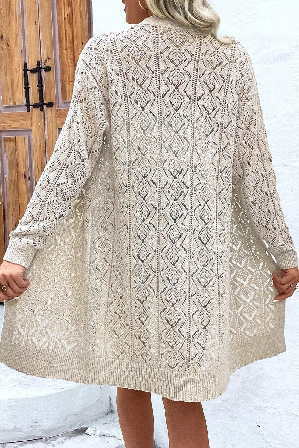 Diamond knit duster cardigan in Dust Storm acrylic with open front and long sleeves.