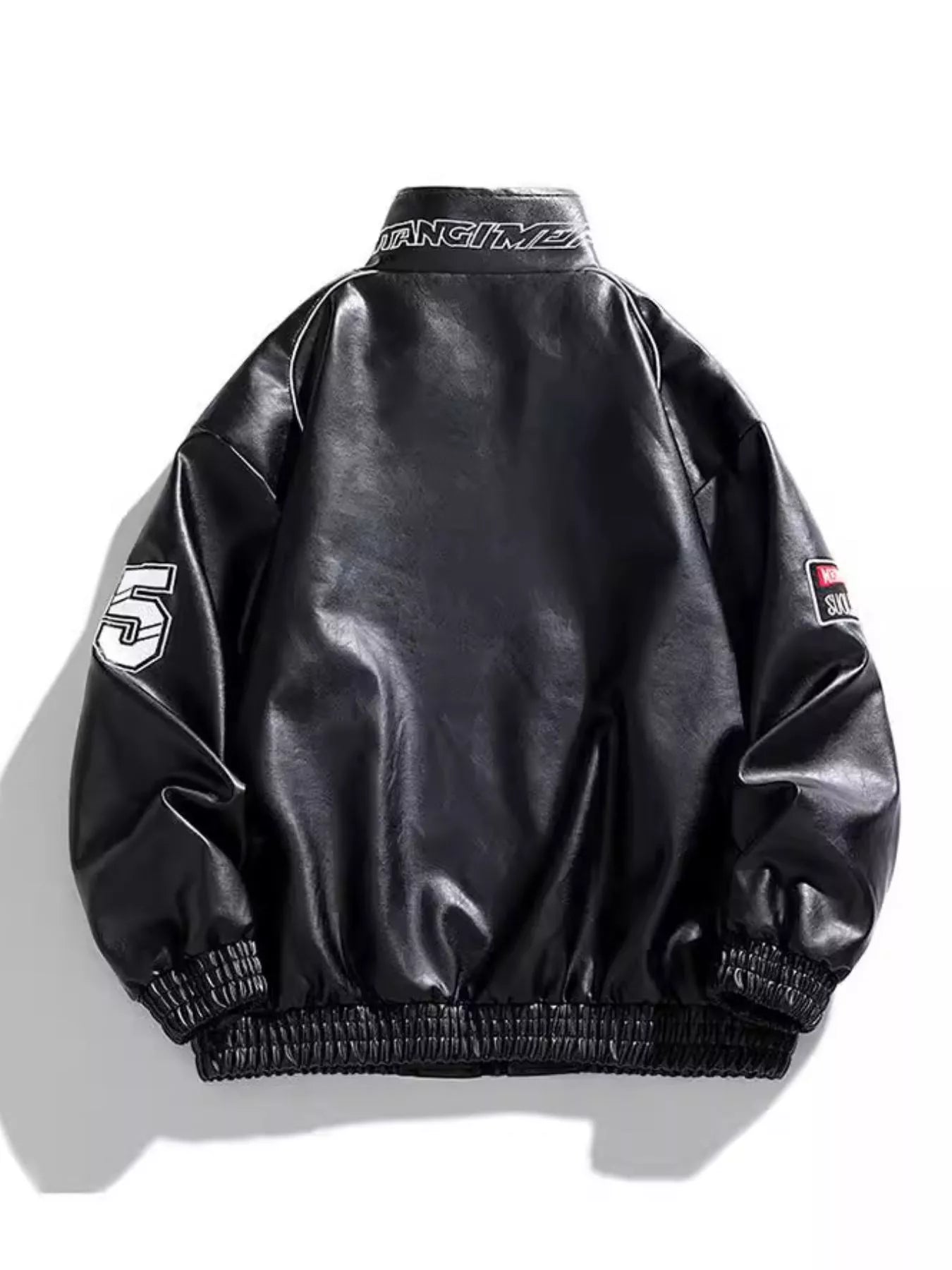 Black casual zip-up jacket with white piping, embroidered number 5 on sleeve, and collar text.