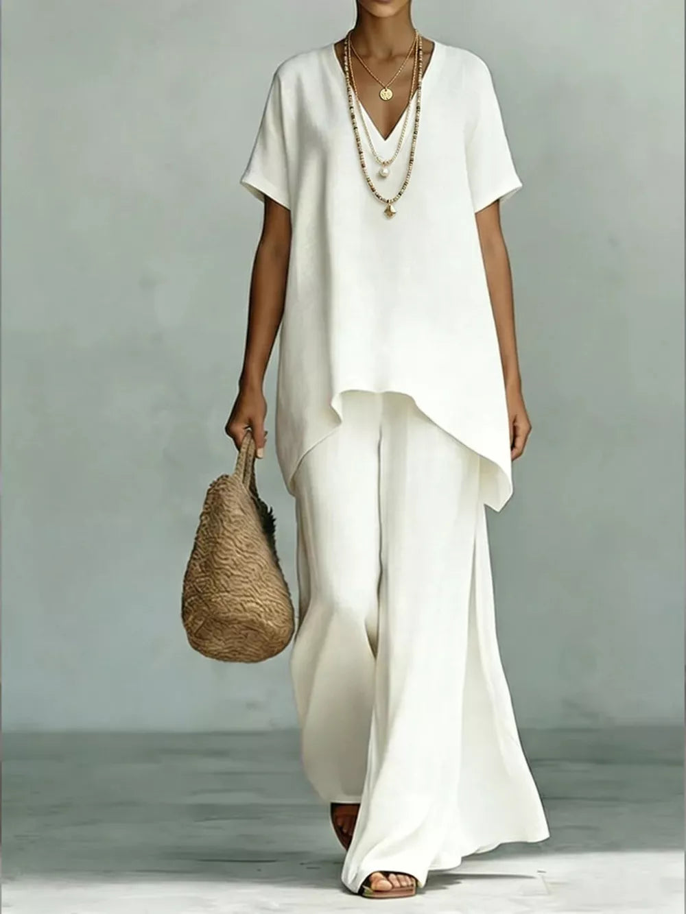 Effortless V-neck Top & Wide-leg Pant Set
