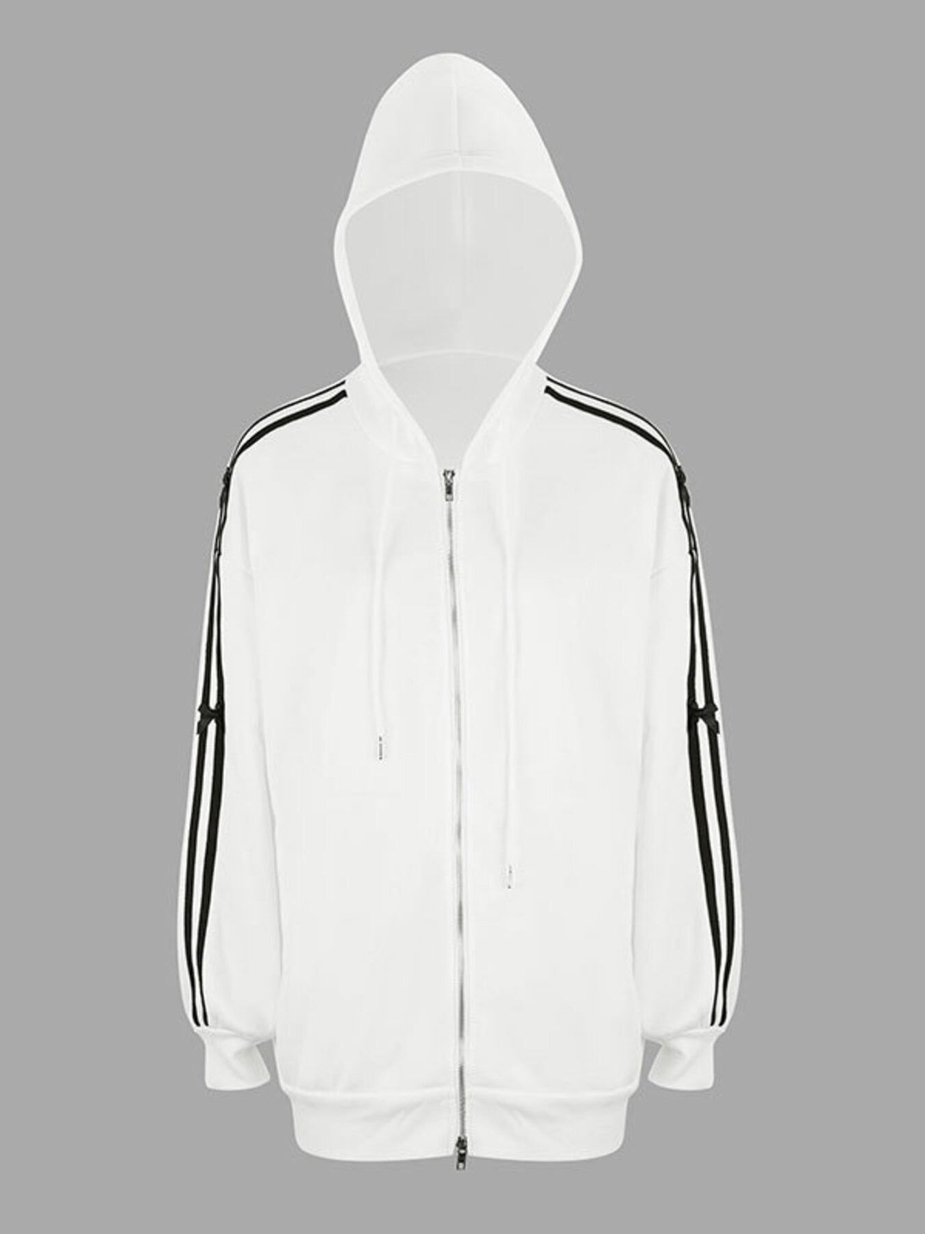 White zip-up hoodie with black stripes on sleeves and a bow detail.