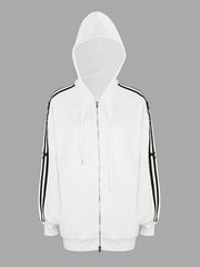 White zip-up hoodie with black stripes on sleeves and a bow detail.