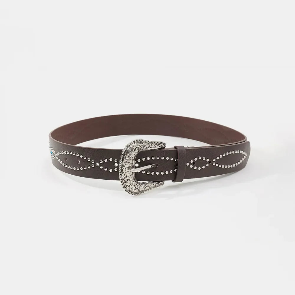 Brown faux leather western belt with silver studs and antique buckle detail.