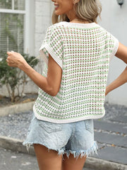 Chic striped crochet knit top in green and white with short sleeves and a relaxed fit.