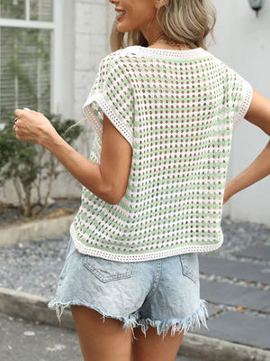 Chic striped crochet knit top in green and white with short sleeves and a relaxed fit.