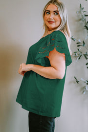 Dark green eyelet flutter sleeve tee with scalloped hem detail