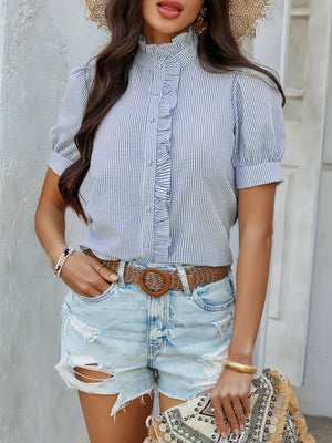 Blue striped seersucker blouse with ruffled neckline and puff sleeves