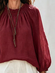 Round Neck Balloon Sleeve Blouse in Army Green, fit detail