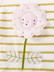 Baby top with flower applique on striped cotton fabric