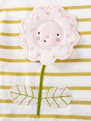 Baby top with flower applique on striped cotton fabric