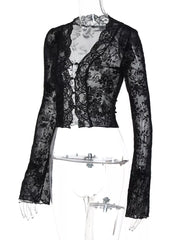 Black lace t-shirt with sheer floral sleeves and button front detail