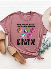 Dusty Pink t-shirt with dice roll graphic and text "When Someone Attacks One Party Member We All Roll For Initiative".