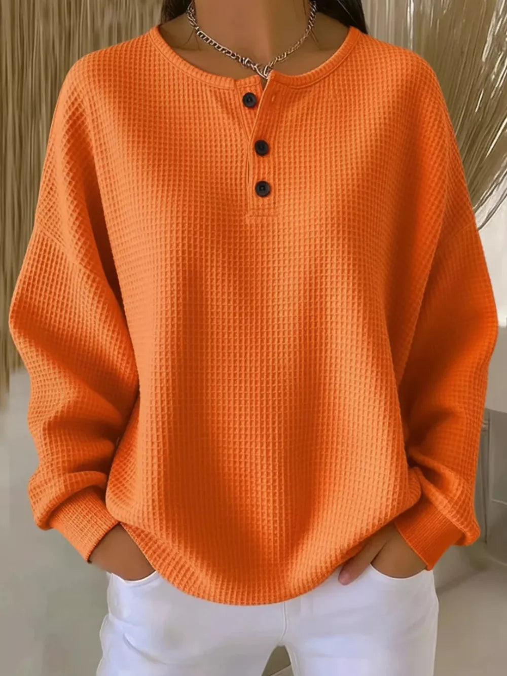 Full Size Waffle Knit Button Detail Top Plus Size in Orange, back view