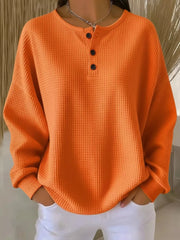Full Size Waffle Knit Button Detail Top Plus Size in Orange, back view