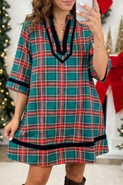 Plaid Velvet Trim Short Shift Dress in Plaid, fabric detail