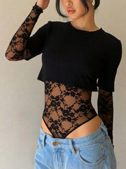 Black lace bodysuit with sheer floral sleeves and torso detail.