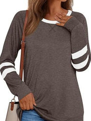 Heathered coffee brown long sleeve t-shirt with white stripes on sleeves and white neckline.