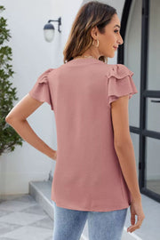 Dusty pink blouse with flutter sleeves and pleated yoke detail
