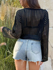 Black crochet knit boat neck sweater cover-up with open knit pattern.