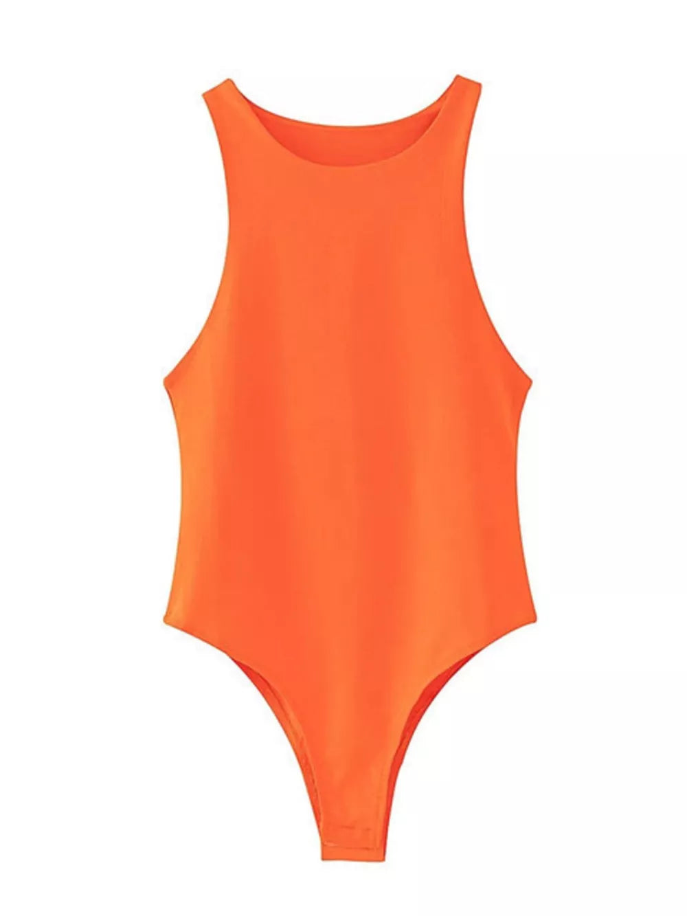 Orange round neck sleeveless bodysuit with a thong bottom.