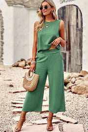 Green button-back tank and culotte co-ord set with a relaxed fit and wide legs.
