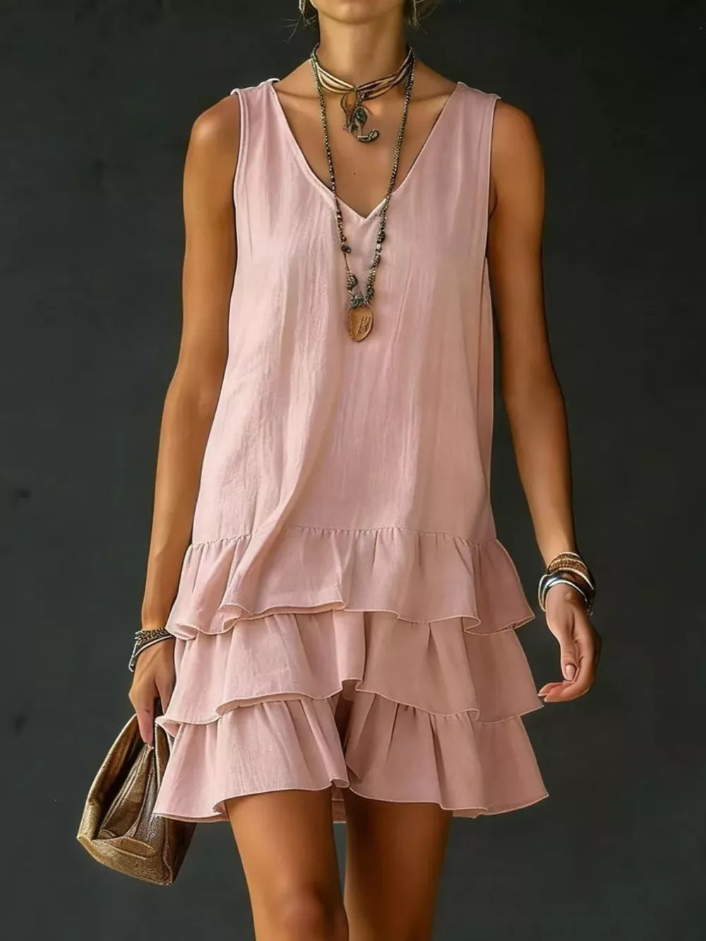 Pink tiered ruffled hem v-neck sleeveless mini dress.