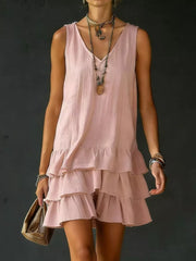 Pink tiered ruffled hem v-neck sleeveless mini dress.