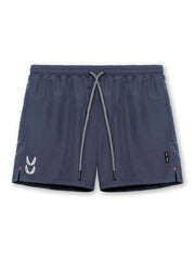 Performance drawcord sport shorts in Dusty Blue with white logo detail and side vents.