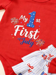 Red baby bodysuit with My 1st of July graphic and striped bloomers with bows.