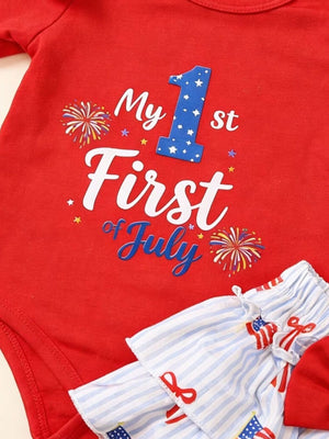 Red baby bodysuit with My 1st of July graphic and striped bloomers with bows.
