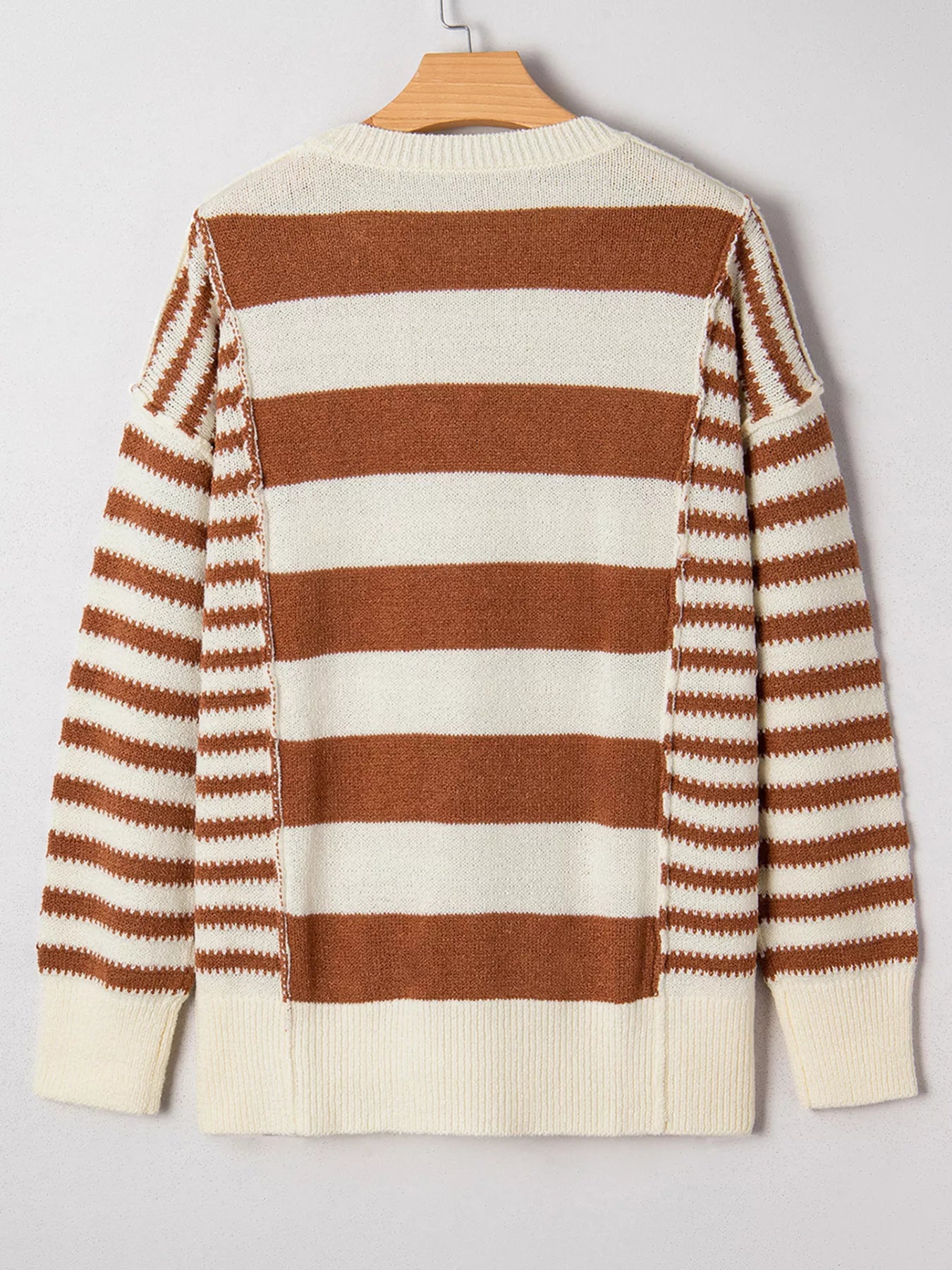 Patchwork striped drop shoulder sweater in caramel and cream acrylic fabric with a baggy fit.