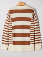 Patchwork striped drop shoulder sweater in caramel and cream acrylic fabric with a baggy fit.