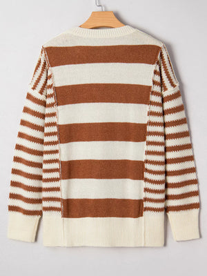 Patchwork striped drop shoulder sweater in caramel and cream acrylic fabric with a baggy fit.