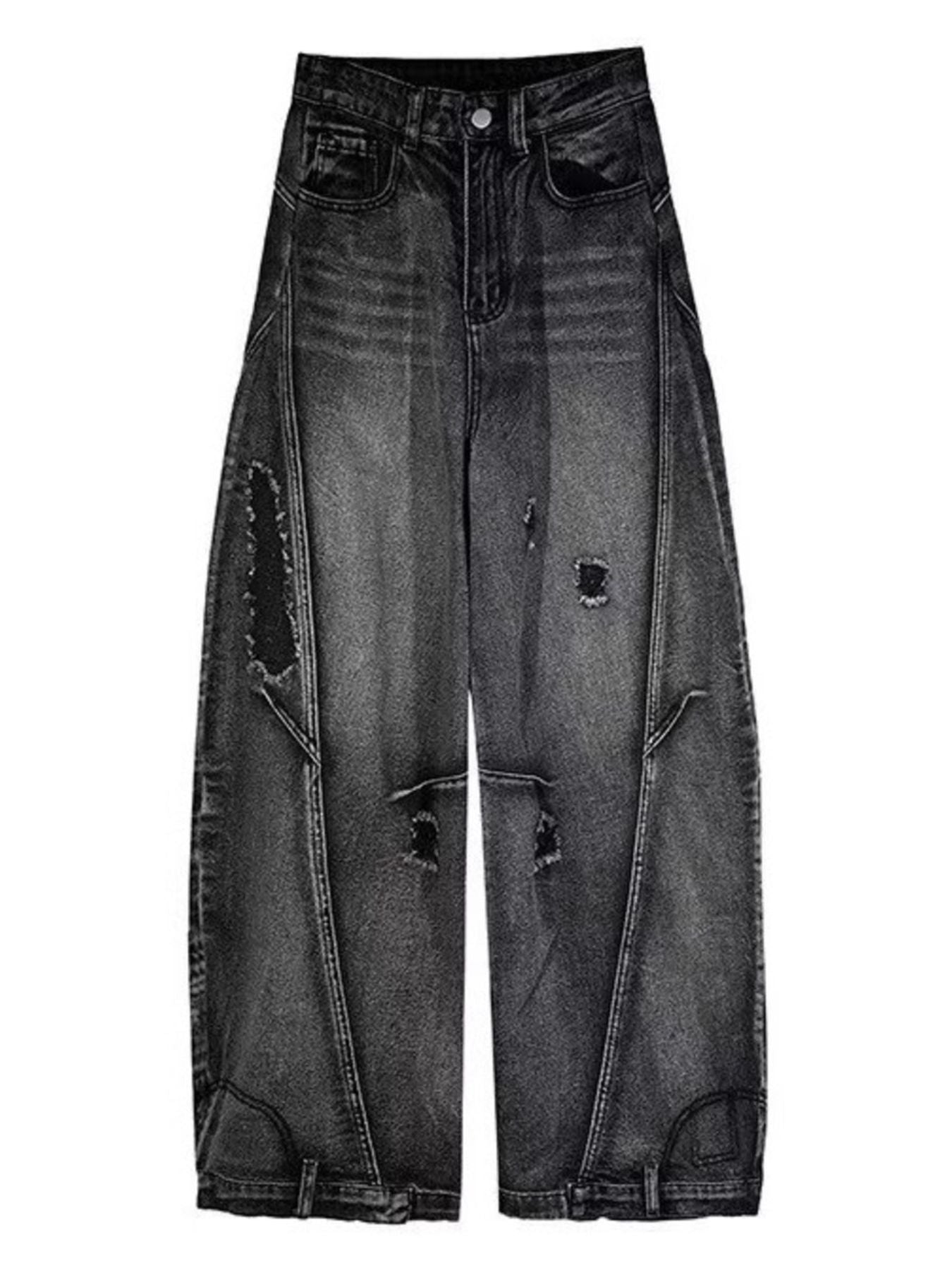 Men's dark wash wide-leg jeans with distressed details and a relaxed fit.