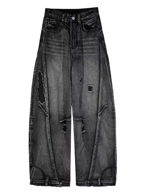 Men's dark wash wide-leg jeans with distressed details and a relaxed fit.