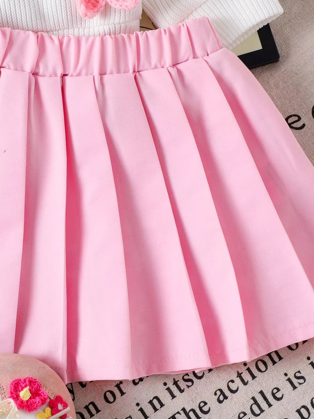 Children's Bow Button Up Cardigan And Pleated Skirt Set in Pink, back view