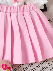 Children's Bow Button Up Cardigan And Pleated Skirt Set in Pink, back view