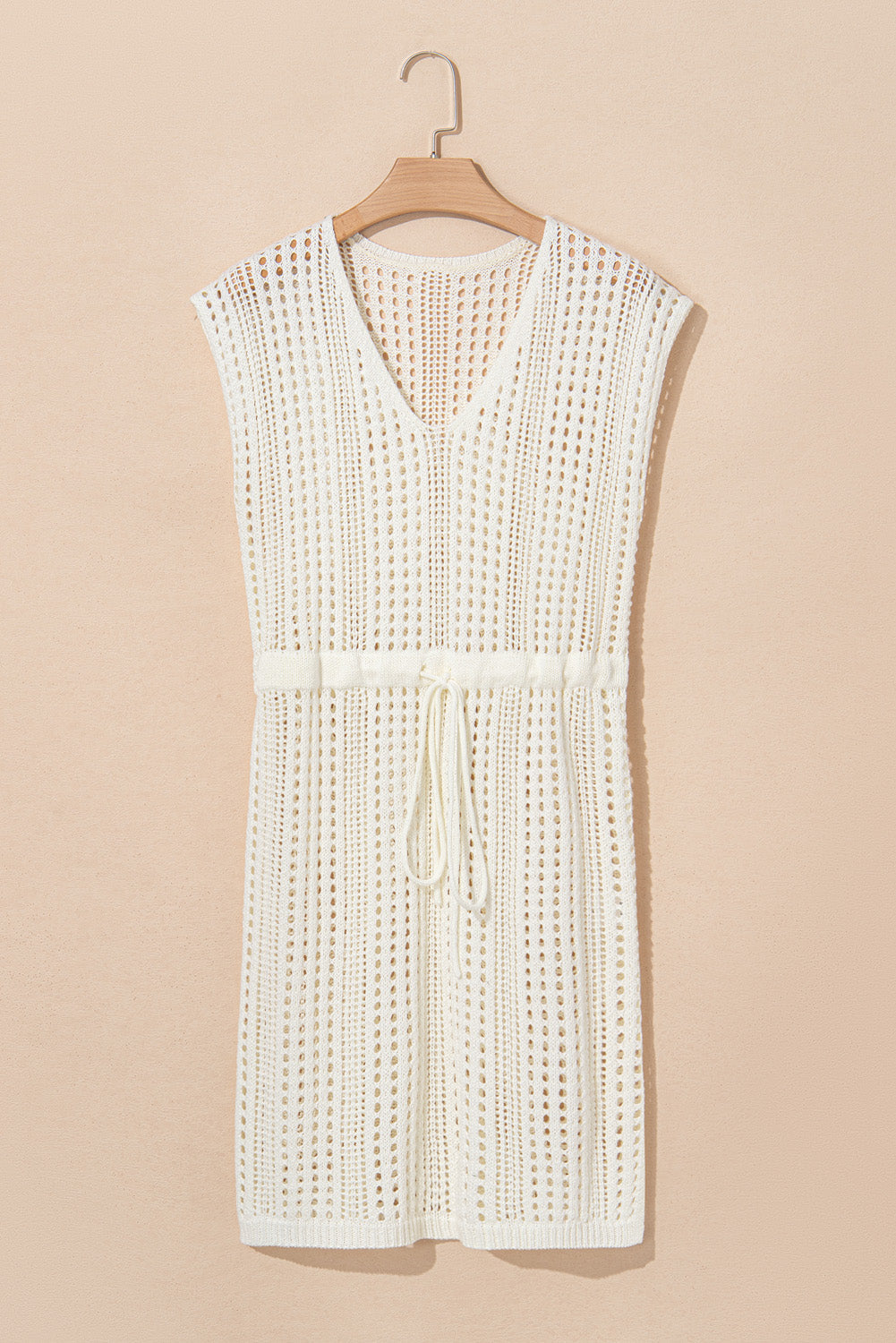 Beige open-knit mini dress with V-neck and drawstring waist