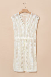 Beige open-knit mini dress with V-neck and drawstring waist
