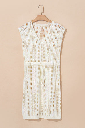 Beige open-knit mini dress with V-neck and drawstring waist