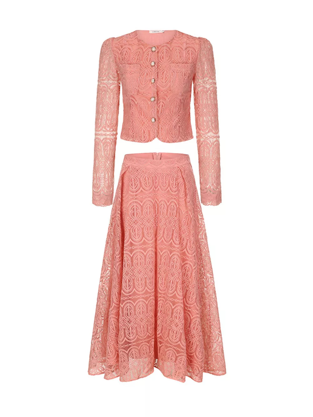 Apricot lace two-piece set with button-down crop jacket and A-line midi skirt.
