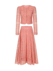 Apricot lace two-piece set with button-down crop jacket and A-line midi skirt.
