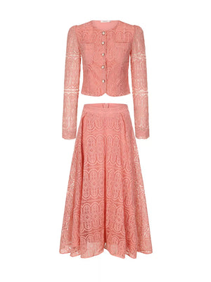 Apricot lace two-piece set with button-down crop jacket and A-line midi skirt.