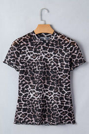 Leopard print sheer mesh t-shirt with mock neck and lettuce edge trim.