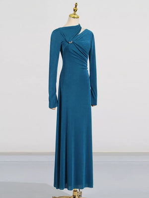 Cutout Ruched Long Sleeve Maxi Dress in Blue, model styling view