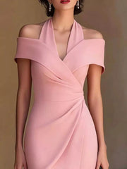 Pink asymmetrical midi dress with off-shoulder halter neckline and draped skirt.